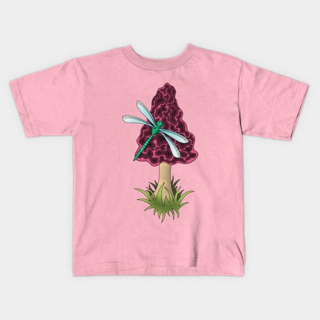 Morel Mushroom With Dragon Fly Kids T-Shirt by TheEmeraldOwl_byKaitlyn